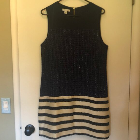 Boston Proper lined tweed shift dress--navy, off white, gold metallic sz 12 - Picture 2 of 13